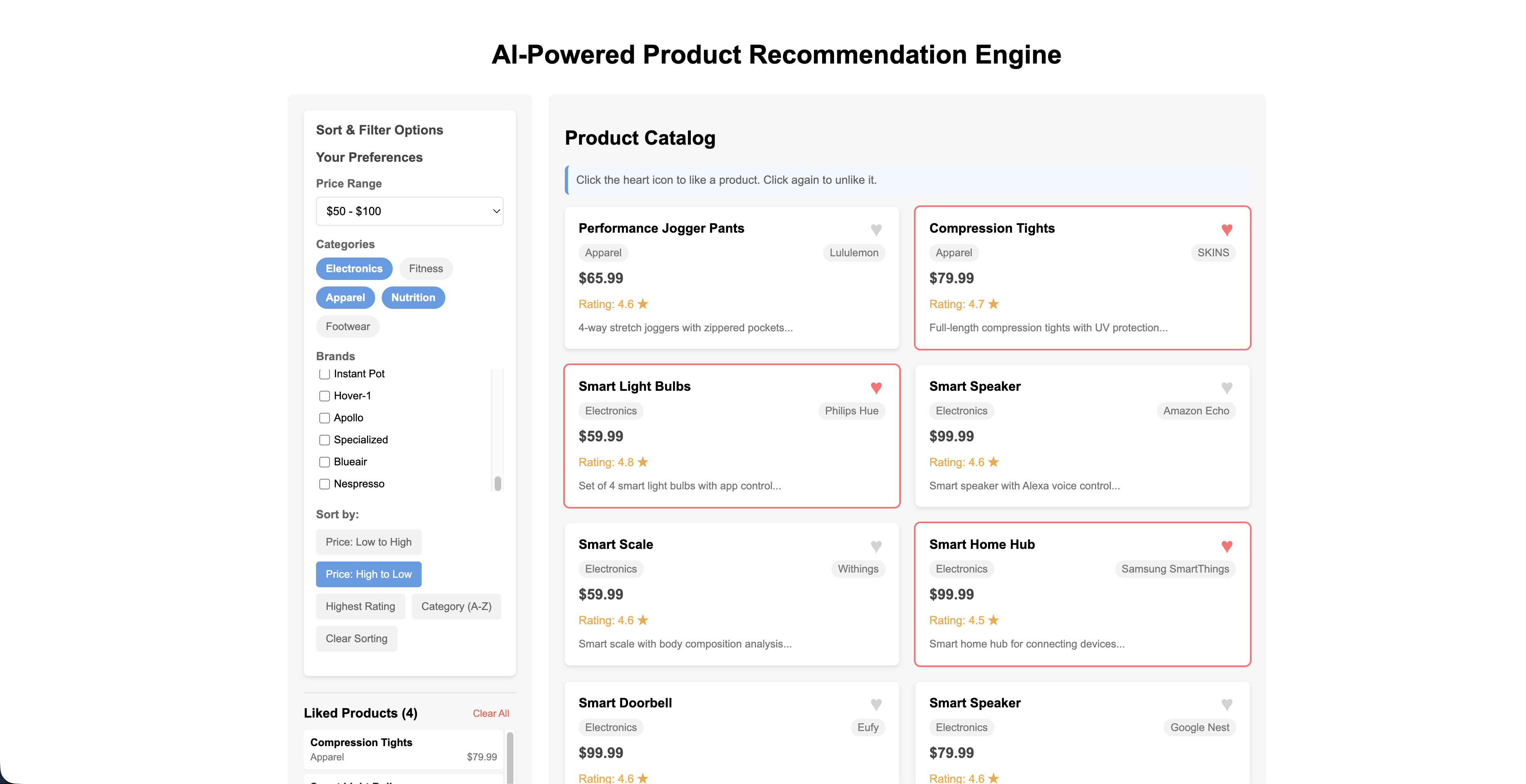 Product catalog dashboard showing filter panel and product grid