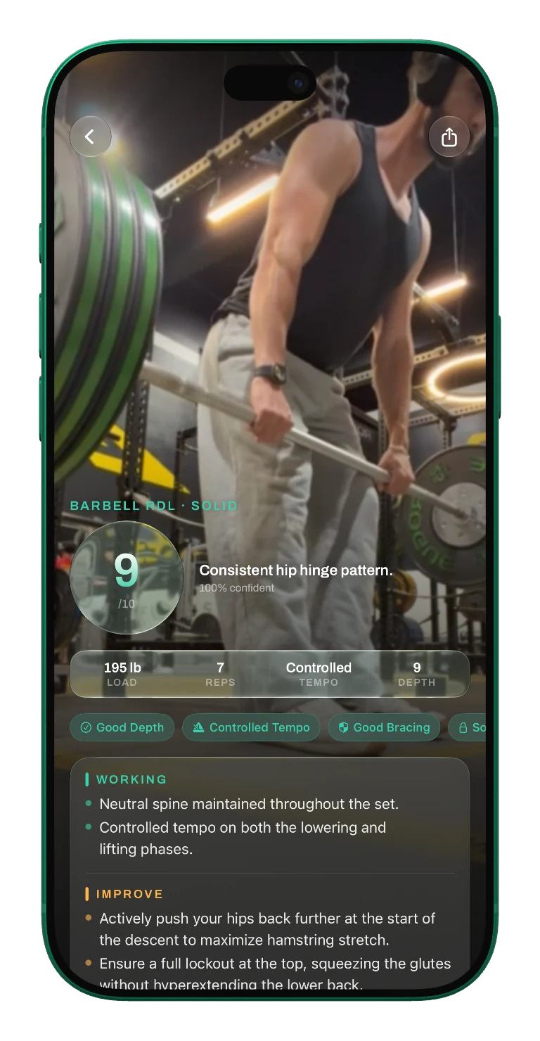 Chalky Form Check over a deadlift video with a score, movement metrics, strengths, and improvement cues