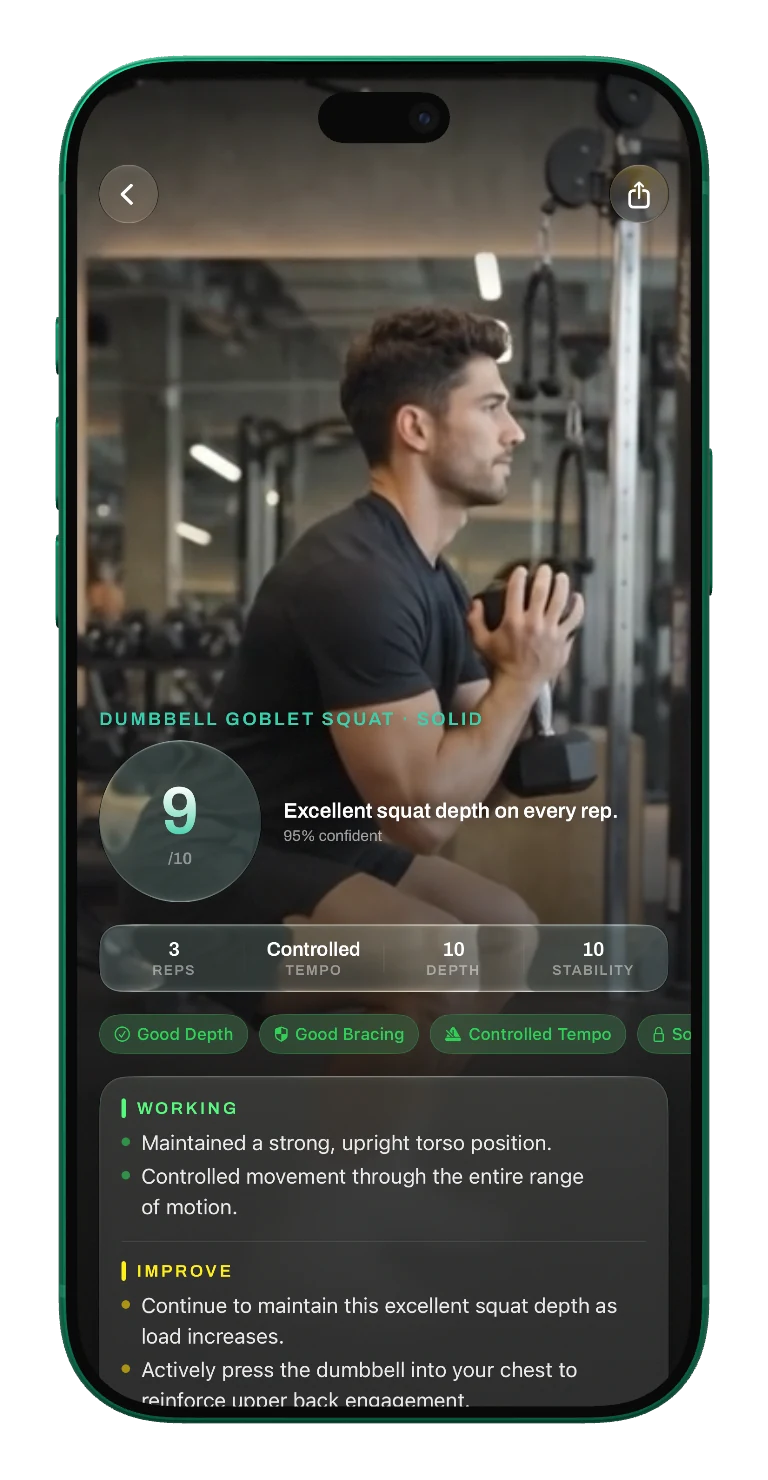Chalky Form Check layered over a squat video with a score, movement metrics, and prioritized coaching cues
