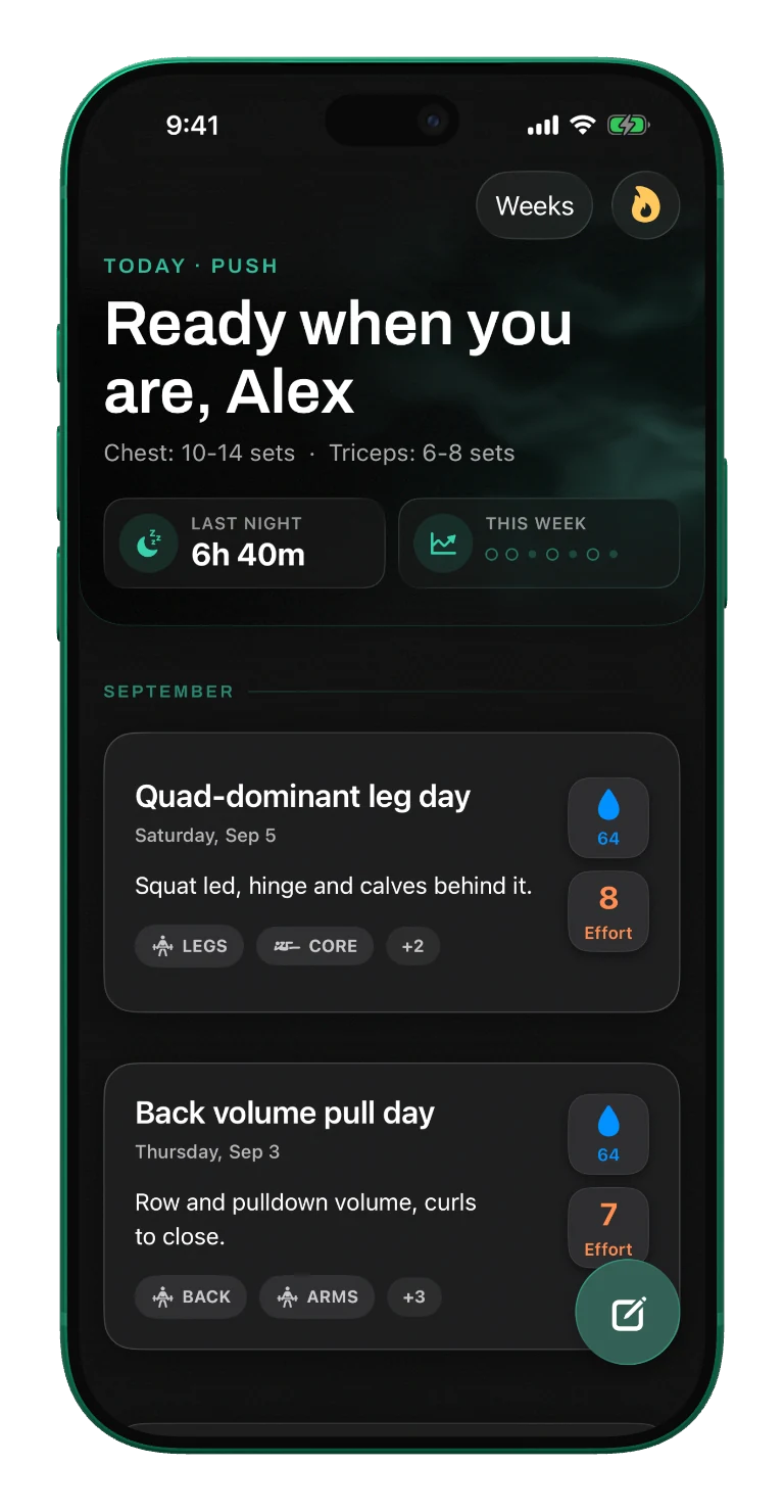 Chalky Logbook showing recent training days, effort, recovery, and muscle-group context
