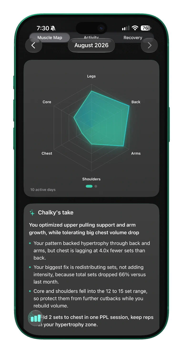 Chalky monthly muscle map with a radar chart and a plain-language interpretation of training balance