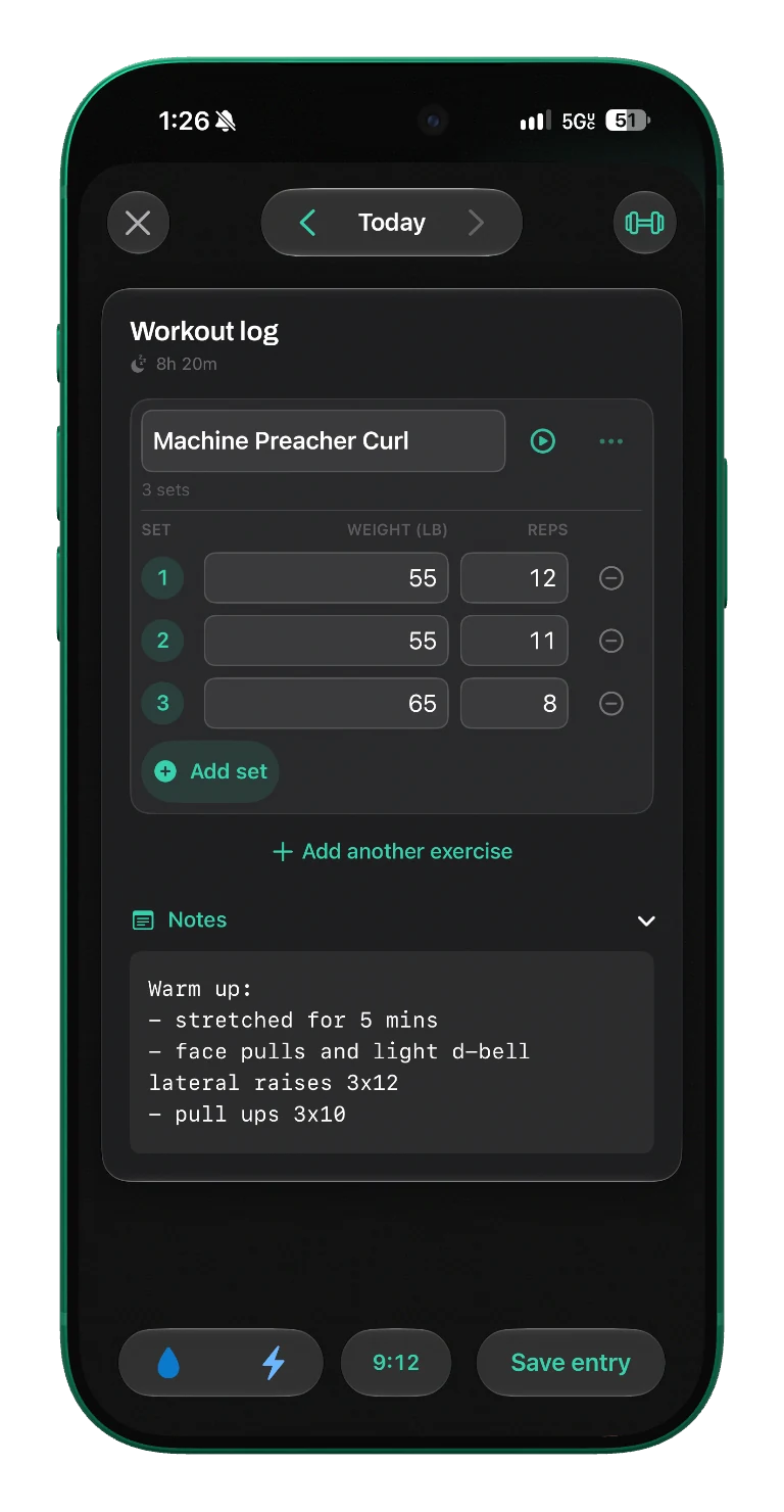 Chalky workout entry with editable sets, freeform notes, duration, and save controls