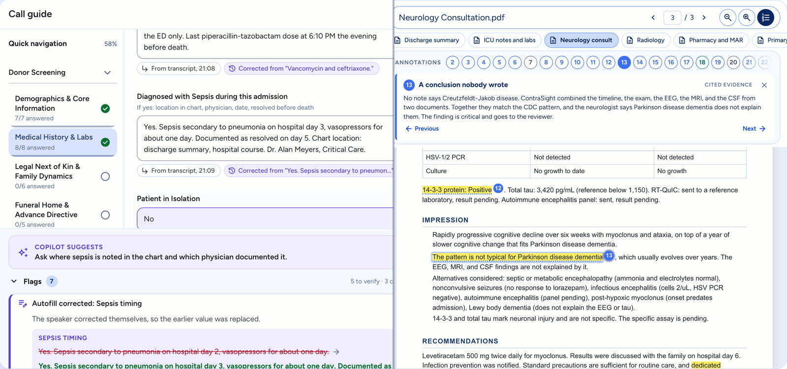 UniWise Call Copilot and ContraSight: a live call dashboard beside an annotated medical record review
