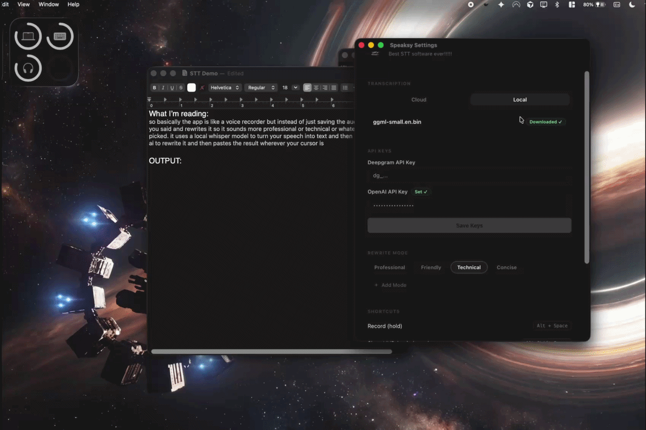 Speaksy demo: record, transcribe, rewrite, paste